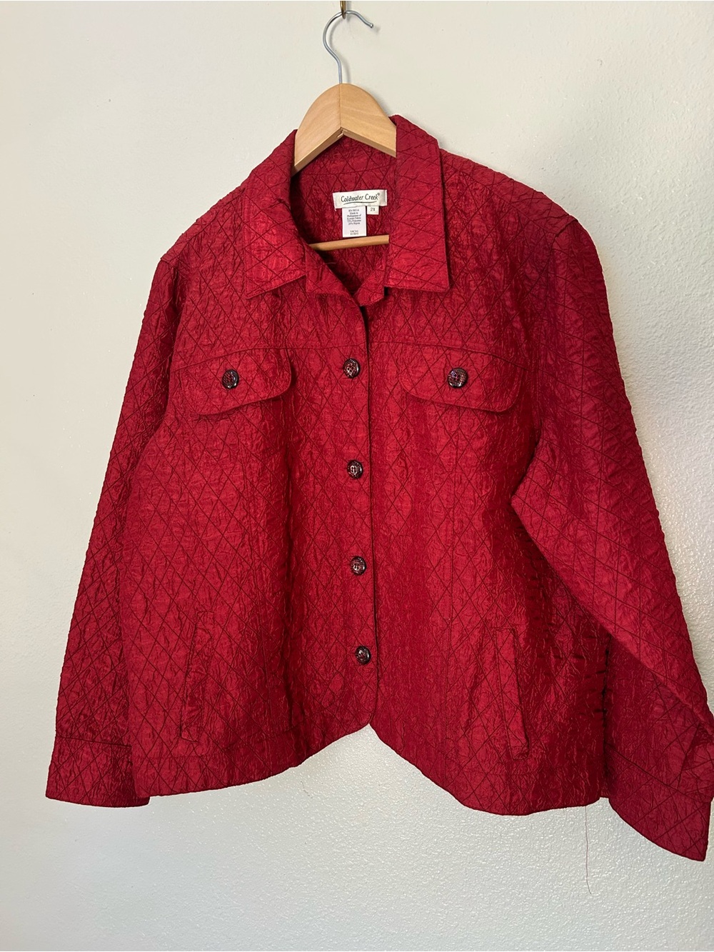 Coldwater Creek Quilted Button-Up Jacket in Cranberry Red; Red Glitter Buttons